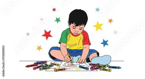 Child's Creative Endeavor: Coloring Page, Smiling Face, and Expressive Artwork Creation
