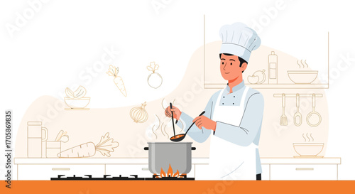 Chef Crafting A Culinary Masterpiece In A Contemporary Kitchen Setting