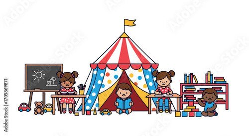 Cartoon Children Learning and Playing Inside Colorful Circus Tent.
