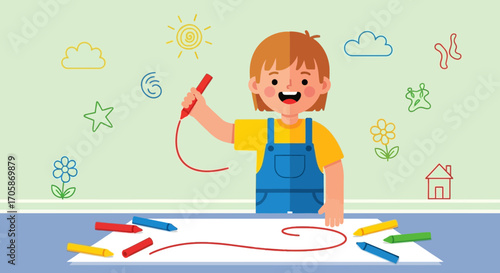 Child's Colorful Illustration: Drawing Joyfully with Crayons and Creative Lines