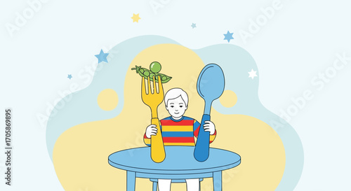 Child's Culinary Adventure: Playful Illustration with Giant Utensils and Fresh Peas