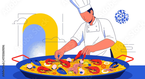 Chef Crafting Exquisite Seafood Paella, A Culinary Illustration for Gourmet Delight