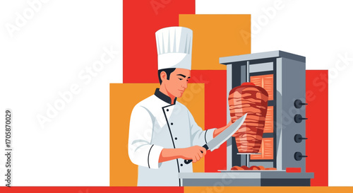 Chef Cutting Shawarma Meat with Knife, Illustration of Food Preparation, Restaurant Cuisine