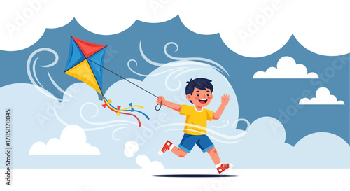 Child's Joyful Flight: Embracing Playfulness With Kite Against The Azure Sky