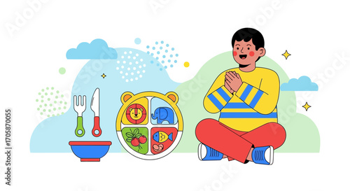 Child's Mealtime Joy: A Vibrant Illustration of Balanced Nutrition and Healthy Eating Habits