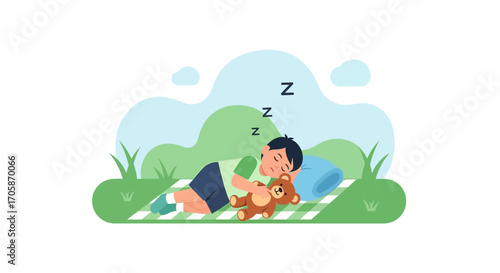 Child's Nap In Park Embrace, Dreamy Resting Outdoors With Teddy Bear During Summer Days