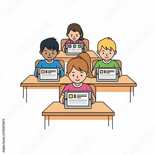 Elementary school children using tablets in a classroom setting.