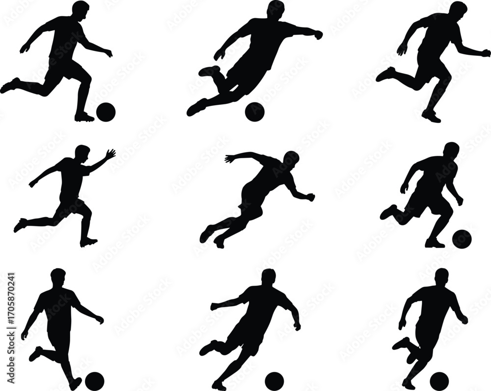 custom made wallpaper toronto digitalSoccer player silhouettes, football action poses, dribbling, kicking, running, sports training, athletic movement, game play, competition, fitness, vector illustration set