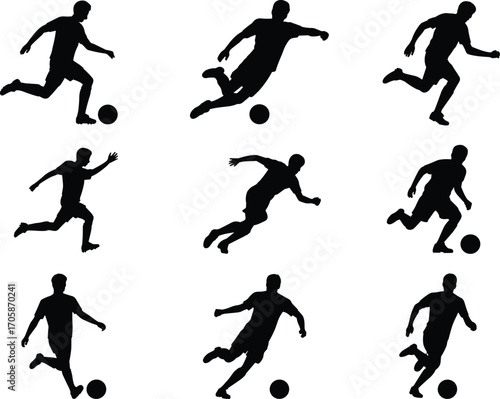 Soccer player silhouettes, football action poses, dribbling, kicking, running, sports training, athletic movement, game play, competition, fitness, vector illustration set