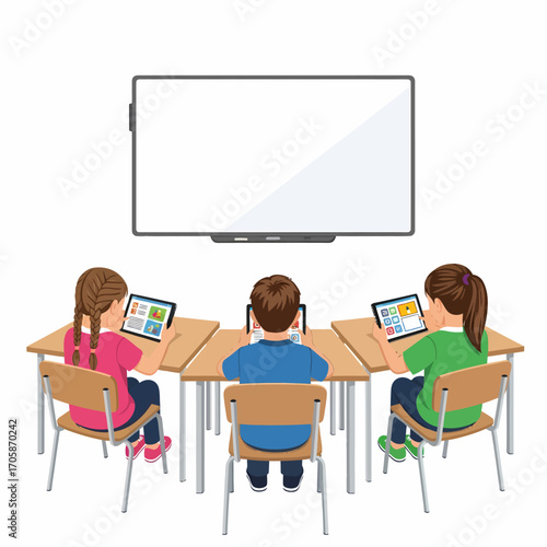 Three children in a classroom using tablets in front of a large interactive whiteboard.