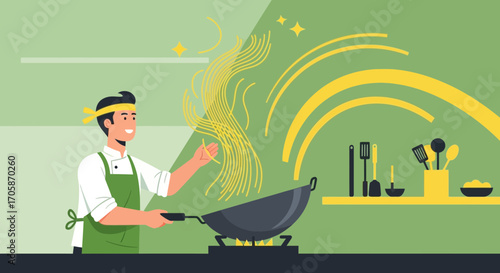 Chef Demonstrates Culinary Skill With Noodles And Cooking Utensils In Kitchen Scene