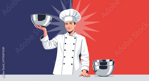 Chef Demonstrating Balance With Bowls Against Abstract Retro-Style Background