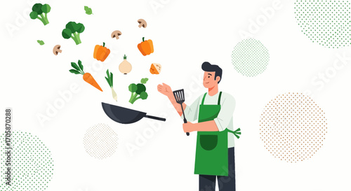 Chef Demonstrates Culinary Skill with Fresh Ingredients in a Colorful Kitchen Scene