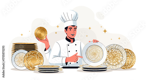 Chef Demonstrates Plates Of Culinary Designs In A Clean And Artistic Presentation