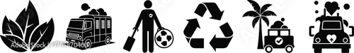 Sustainability icons, eco friendly living, recycling, green transportation, public transit, eco tourism, environmental conservation, renewable energy, nature protection, vector illustration set
