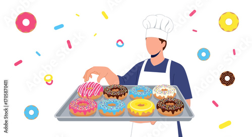 Chef Displays Freshly Baked Donuts, Presenting a Plethora of Sweet Culinary Delights