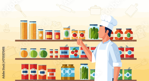 Chef Examining Pantry Stock, Illustrating Food Storage and Preservation Concepts