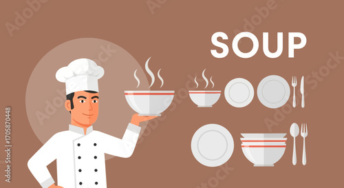 Chef Exhibiting Fresh Soup, Elegant Dishes, And Dining Elements Design Illustration