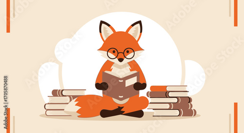 Clever Foxy Character Reading Book Surrounded By Piles Of Literature With Glasses