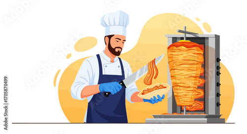Chef Expertly Carving Delicious Shawarma Meat Preparing Savory Street Food Delicacy