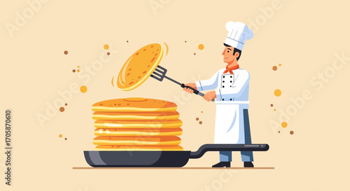 Chef Flipping Pancake, Cooking Breakfast, Food Preparation, Delightful Dish, Culinary Art