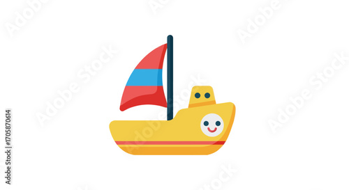 Yellow Toy Sailboat with Red and Blue Sail.