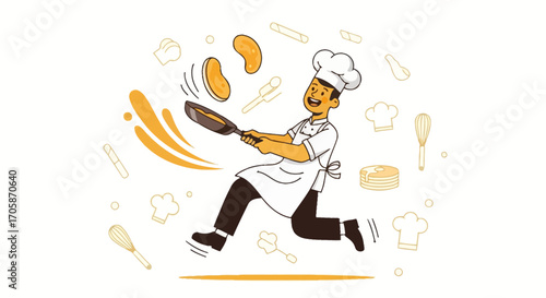 Chef Flipping Delicious Pancake with Excited Happiness Vector Illustration on White Background