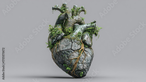 Stone heart covered in green moss and plants