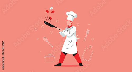 Chef Flipping Pancakes with Joyful Expression in a Kitchen Setting and Uniform
