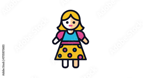 A cute cartoon doll with blonde hair and a colorful polka dot dress.