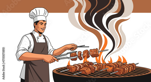 Chef Grilling Delicious Meat Skewers Over Open Fire In A Stylish Illustration