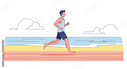 Coastal Runner's Daily Exercise Depiction Overlooking Calm Azure Ocean and Sky Backgrounds