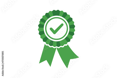 Green Rosette with Check Mark, Approval Badge, Quality Seal, Vector Illustration