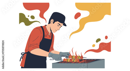 Chef Grilling Delicious Skewers On A BBQ, Preparing Tasty Food At An Outdoor Feast