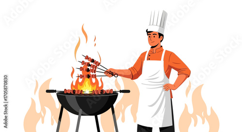 Chef Grilling Skewers Over Flames: A Culinary Illustration for Food and Dining