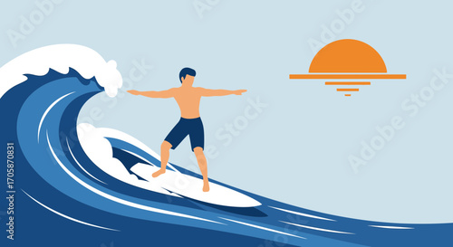Coastal Surfer Skillfully Negotiating Azure Waves Under A Vibrant Sunset Horizon Illustrative