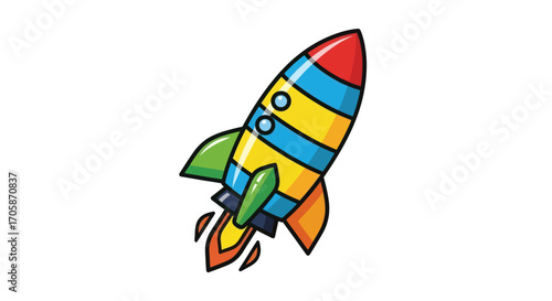 Colorful cartoon rocket ship launching into space with vibrant stripes and fins.