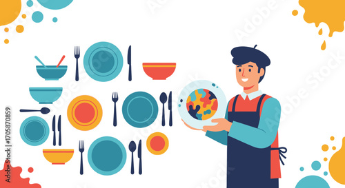 Chef Holding A Decorated Plate Amidst Various Dishes And Decorative Elements
