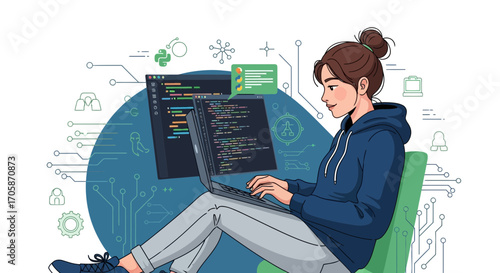 Coding Enthusiast Working On a Laptop, Programming Software, Data Science Solutions