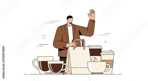 Coffee Delivery: A Businessman Holding Coffee Beverages and Saying Hello In Illustration Form