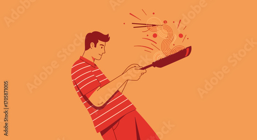 Chef Illustrating Culinary Arts While Presenting Noodles From A Frying Pan  Showing Enthusiasm