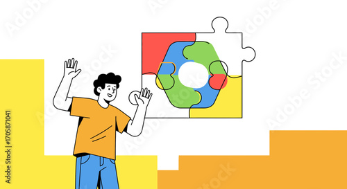 Collaborative Illustration Depicting A Man Celebrating Solution and Completion of a Puzzle