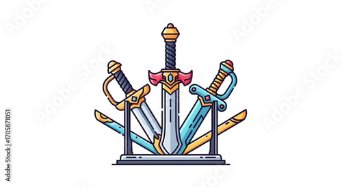 A cartoon illustration of three ornate fantasy swords displayed on a weapon rack.