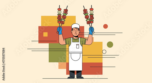 Chef Holding Up Grilled Meat Skewers, Ready To Serve Customers For A Delicious Meal