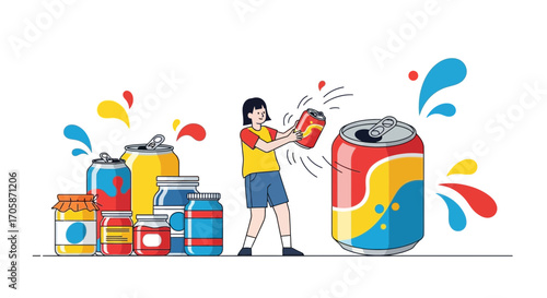 Colorful Illustration Of Person Presenting Beverage Cans And Glass Jars On White Background