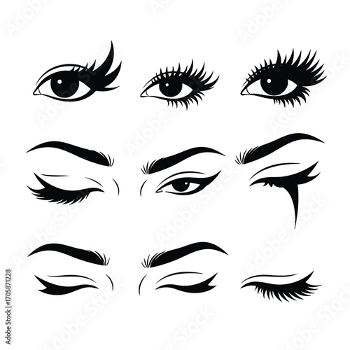 Set of beautiful womans eyes and eyebrows illustrations with long eyelashes and eyeliner makeup.