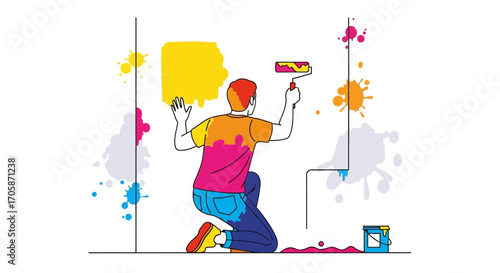 Colorful Painting Scene Depicting a Painter Working on a Wall with Paint Roller and Splatters