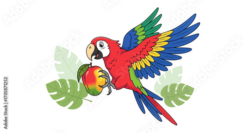 Colorful Parrot Enjoying A Mango While Soaring Against A Tropical Foliage Background