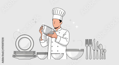 Chef Inspects Clean Bowl Amongst Tableware Vector With Simple Geometric Style