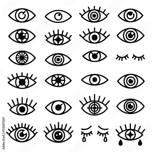 Set of minimalist black line art eye symbols featuring esoteric allseeing and crying designs.